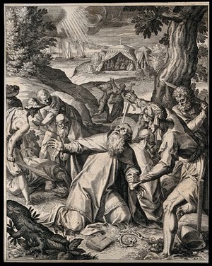 view Martyrdom of Saint Boniface and massacre of other people behind. Engraving by R. Sadeler after J.M. Kager.