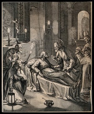 view Saint Severin of Noricum awakens from the dead the priest Silvinus, in the presence of five other men. Engraving by R. Sadeler after J.M. Kager.