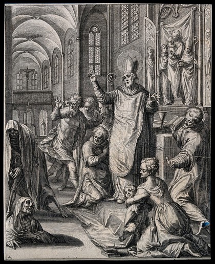 Saint Godehardus of Hildesheim: his sermons force the dead to leave their graves, resulting in reformation among the living. Engraving by R. Sadeler after J.M. Kager.