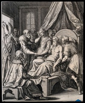 Deathbed of a nobleman or king surrounded by mourners and a bishop. Engraving.