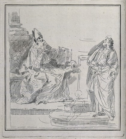 A bishop saint with an angel and Saint Peter the Apostle (?). Etching by G. Canale after G. Reni.