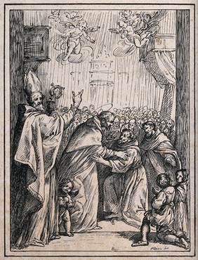 A bishop saint (Saint Nicholas?) with Saint Dominic Guzman (?) greeting two monk saints, surrounded by a crowd of onlookers. Lithograph by N.J. Strixner, 1811, after G.B. Paggi.