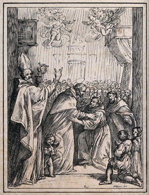 view A bishop saint (Saint Nicholas?) with Saint Dominic Guzman (?) greeting two monk saints, surrounded by a crowd of onlookers. Lithograph by N.J. Strixner, 1811, after G.B. Paggi.