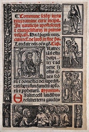 view Saint Paul the Apostle, a female saint (Barbara?), Saint Christopher, Saint Peter with Saint Paul, and doubting Saint Thomas with Christ and Apostles. Woodcuts and letterpress.