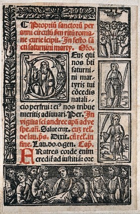 God the Father, an Ascension, a female martyr, Saint Andrew (?) and Christ. Woodcut.