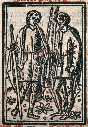 view Saint Paul the Apostle with a male martyr. Woodcut.