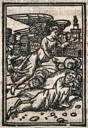 An angel appearing to a sleeping man. Woodcut.