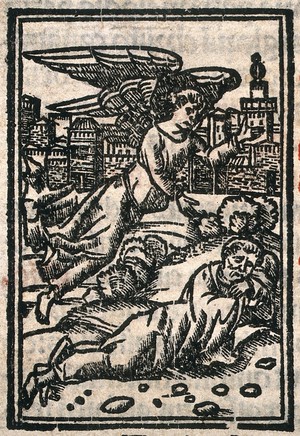 view An angel appearing to a sleeping man. Woodcut.