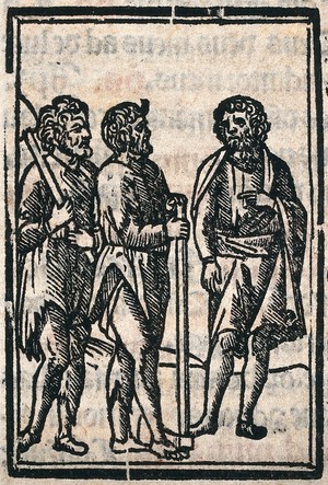 view Three men standing. Woodcut.