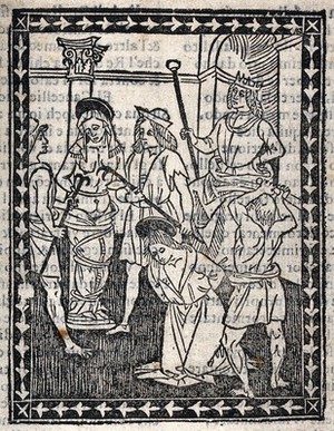 view Martyrdom of Saint Agatha and Saint Catherine of Alexandria (?). Woodcut.