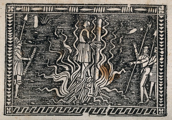 Martyrdom of Saint Joan of Arc (?): burning at the stake. Woodcut.