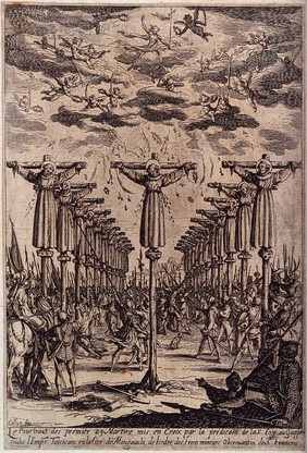 Martyrdom by crucifixion of twenty-three Franciscans. Etching.