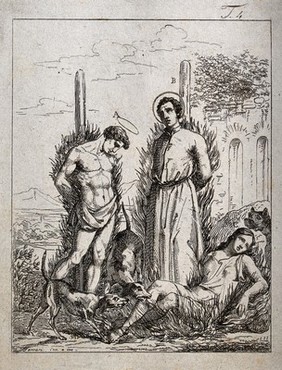 Martyrdom of two male saints by burning at the stake with a martyred female. Etching by Ferrari [Cesare Ferreri?] after himself.