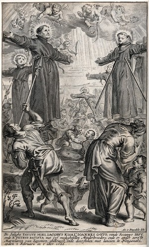 view Martyrdom of Paul Miki S.J., Jacob Kisai S.J., John Goto S.J. and P. Petrus Battista in Nagasaki, Japan, in 1596. Engraving, 1667, after A. van Diepenbeeck.