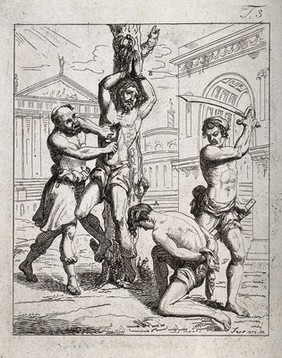 Martyrdom of two men by disembowelling and by decapitation. Etching after Ferrari [Cesare Ferreri?].