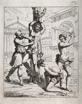 Martyrdom of two men by disembowelling and by decapitation. Etching after Ferrari [Cesare Ferreri?].