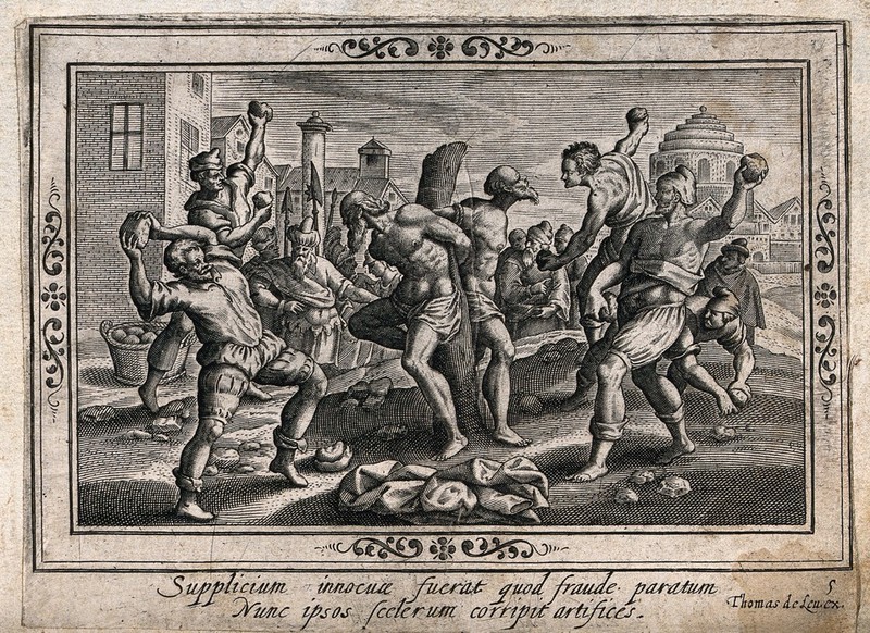 The stoning to death of the two elders who had falsely accused Susanna. Engraving., by Thomas de Leu