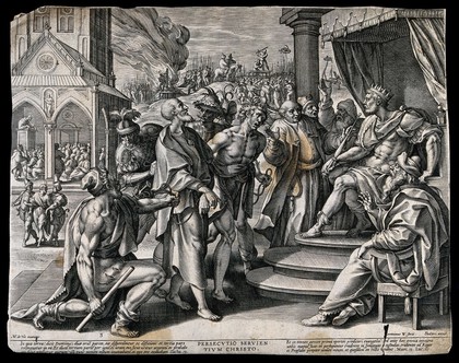 Persecution of Christians with scenes of martyrdom behind. Engraving by J. Wierix after M. de Vos.