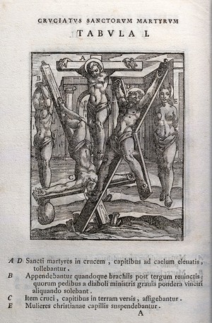 view Martyrdom of five saints by elaborate crucifixion. Woodcut.