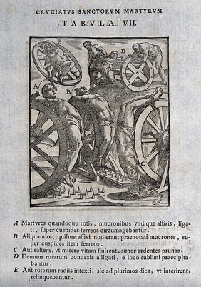 Martyrdom of four male saints, their bodies bound to spiked wheels. Woodcut by Cr.P. (?).