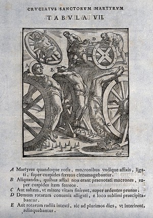 view Martyrdom of four male saints, their bodies bound to spiked wheels. Woodcut by Cr.P. (?).