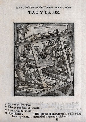 view Martyrdom of two male saints, bound to the rack with flames beneath. Woodcut.