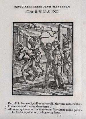 view Martyrdom of two saints, bound and flogged. Woodcut.