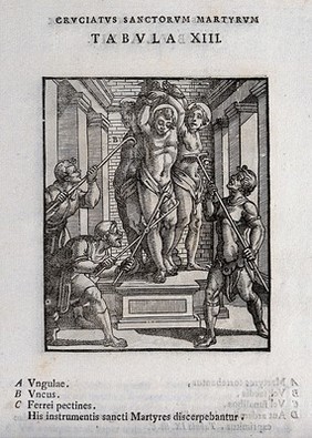 Martyrdom of three saints, bound to a post and tortured with hooks. Woodcut.