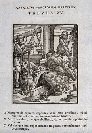 view Martyrdom of three male saints by various methods. Woodcut.