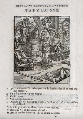 Martyrdom of male saints by various methods. Woodcut.