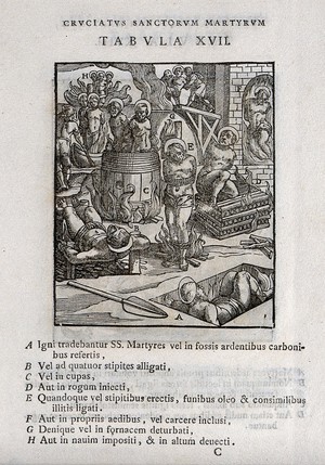 view Martyrdom of male saints by various methods. Woodcut.