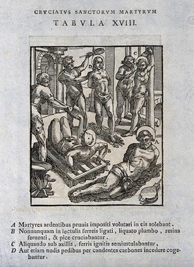 Martyrdom of male saints by various methods. Woodcut.