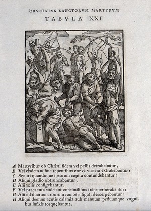 view Martyrdom of male figures by various methods. Woodcut.