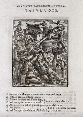 Martyrdom of male figures by various methods. Woodcut.