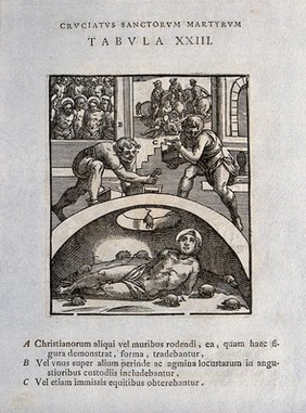 Martyrdom of Christian saints by being shut up to be bitten by mice or rats, crowded together like locusts, or trampled by horses. Woodcut.