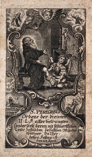 view Saint Peregrinus Laziosi: a vision of Christ heals his leg by the ministration of an angel. Engraving.