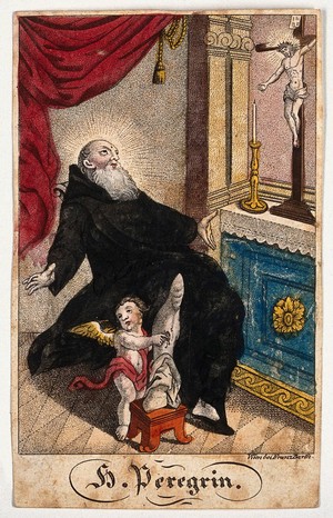 view Saint Peregrinus Laziosi: a vision of Christ heals his leg by the ministration of an angel. Coloured engraving.