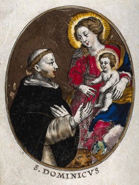 Saint Mary (the Blessed Virgin) with the Christ Child presents the rosary to Saint Dominic Guzman. Coloured engraving.