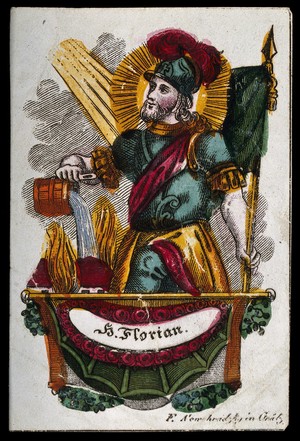 view Saint Florian: he extnguishes a fire by pouring water on a burning house. Coloured engraving.