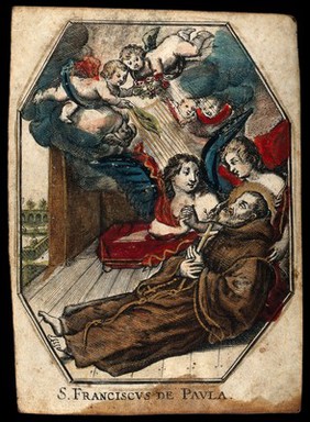 Saint Francis of Paola: angels support him in his dying moments while cherubim descend with flowers and a palm. Coloured engraving.