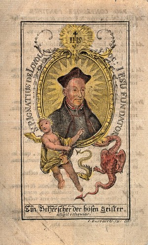 view Saint Ignatius of Loyola as tamer of evil spirits. Coloured engraving by J. Everaerts.