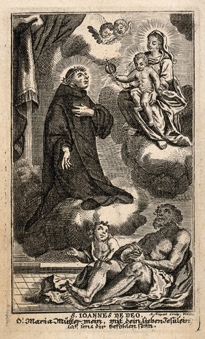 view Saint John of God: he intercedes with the Virgin and Christ Child on behalf of a sick man. Etching by A. Napert.