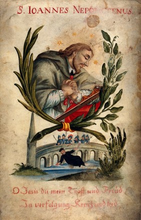 Saint John Nepomucen and his martyrdom. Watercolour on vellum.