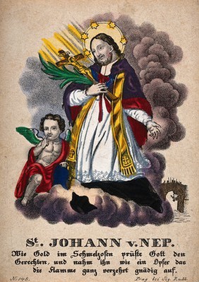 Saint John Nepomucen. Coloured stipple engraving.