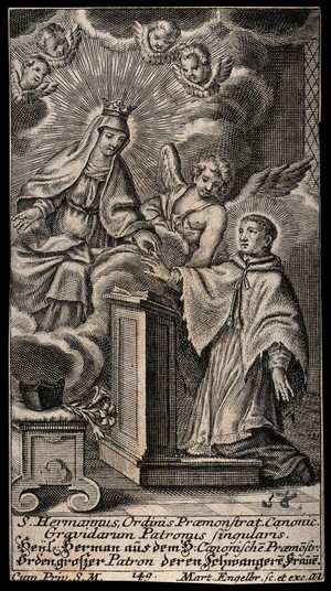 view Saint Hermann Josef of Steinfeld as patron of pregnant women. Engraving by M. Engelbrecht, 17--.