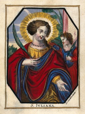 Saint Juliana. Coloured engraving by J. van den Sande.