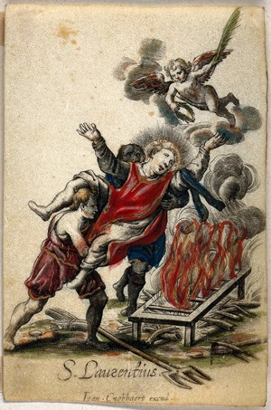 view The martyrdom of Saint Laurence. Coloured etching on vellum by J. Cnobbaert.