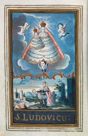 view Saint Louis and Saint Mary (the Blessed Virgin) with the Christ Child. Gouache on vellum.