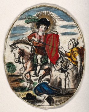 view Saint Martin of Tours. Coloured engraving.