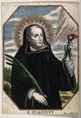 Saint Placidus. Coloured engraving by F. Huybrechts.